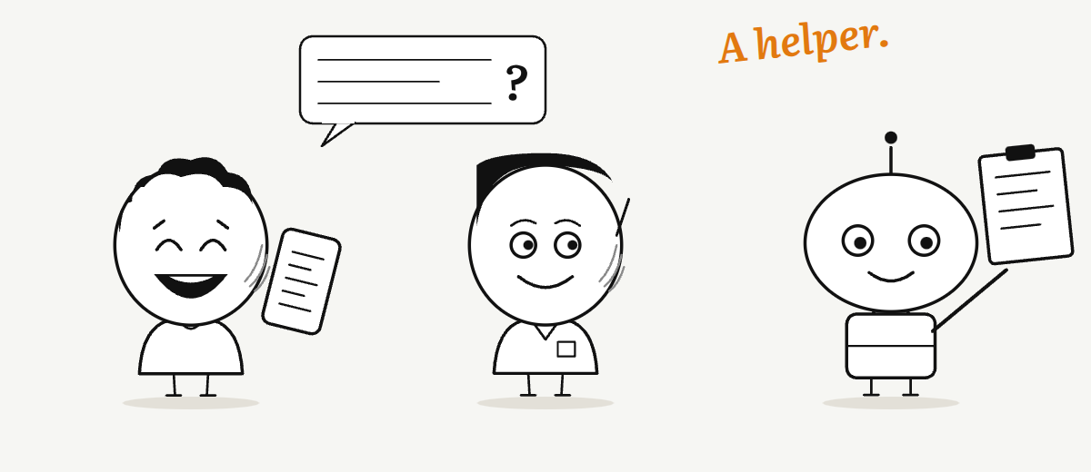 A patient holding a phone full of questions, a dentist, and the Kit, a toolbox with a big round head, holding a list of four jobs.