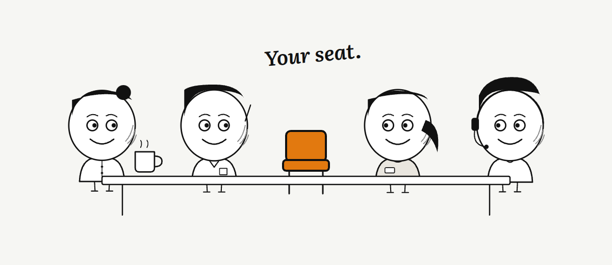 Four people from a practice round a table, with one empty chair in orange.