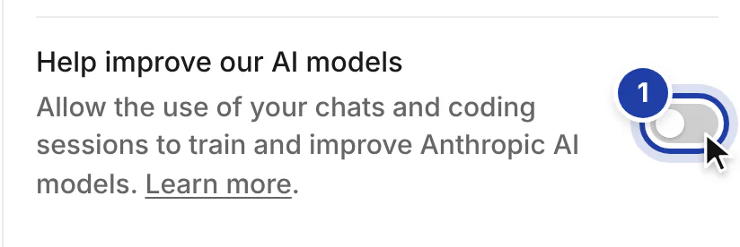 Claude's Settings, Privacy page: the switch Help improve our AI models, ringed, to turn off.