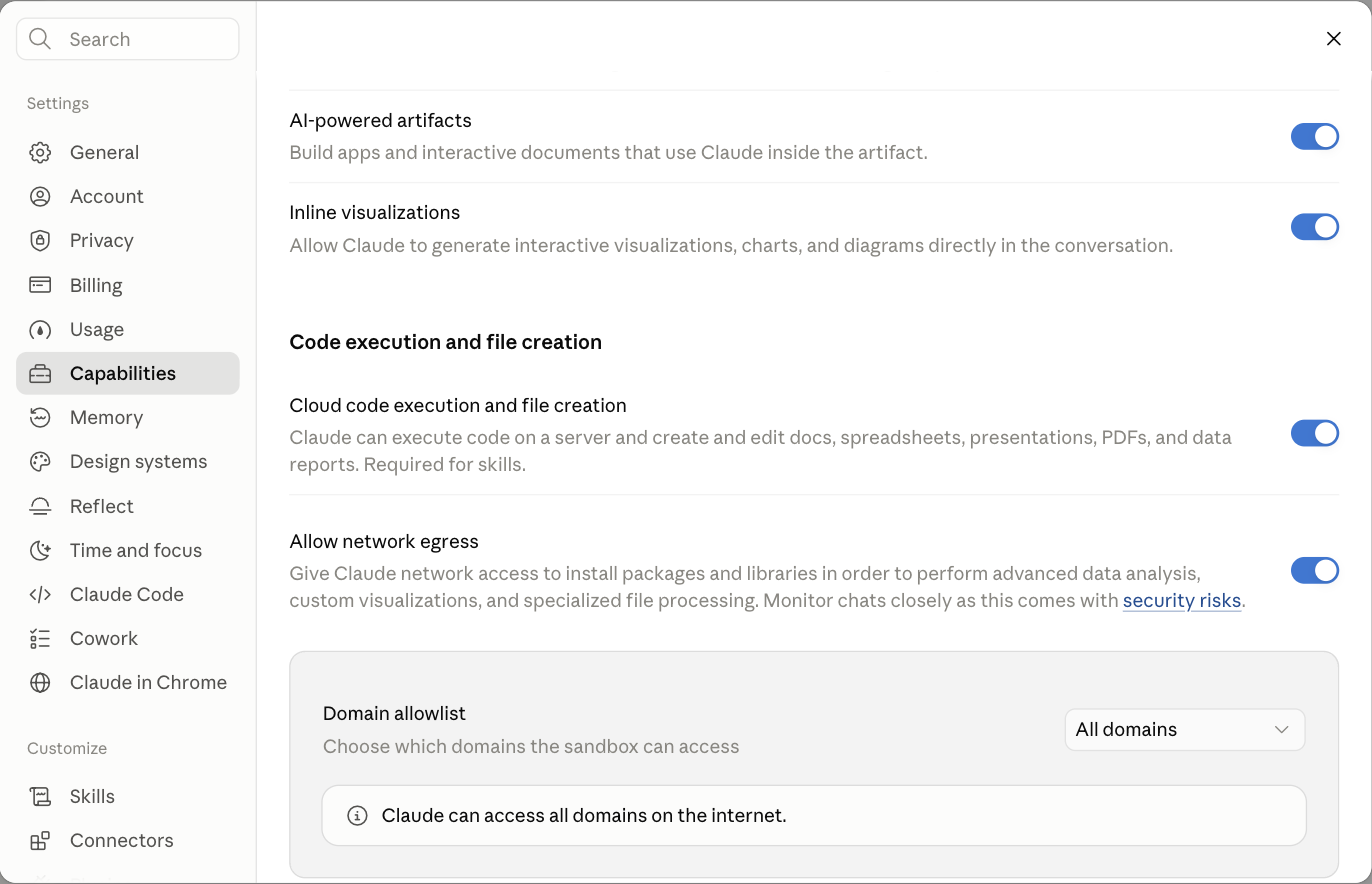 Claude Settings, Capabilities, with Cloud code execution and file creation switched on.
