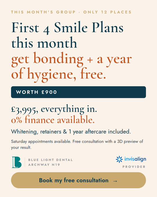 Static ad: “First 4 Smile Plans this month get bonding and a year of hygiene, free. Worth £900.” £3,995, everything in, 0% finance available.