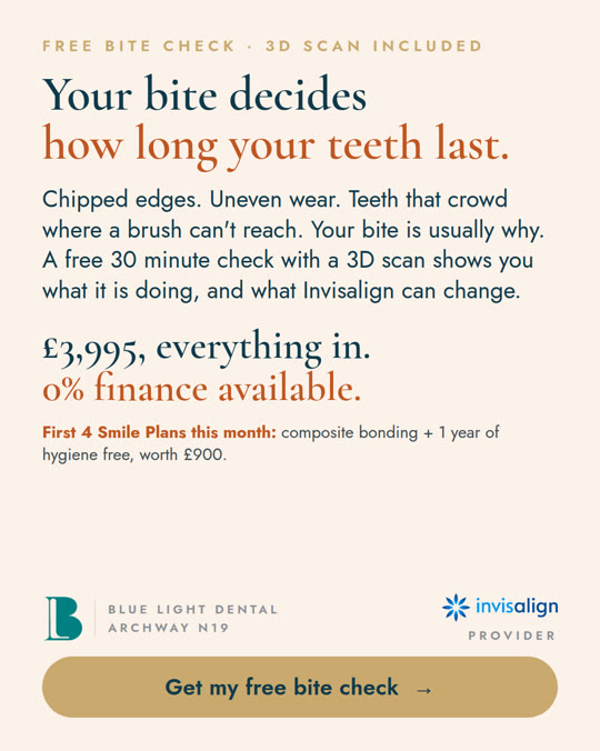 Static ad, free bite check with a 3D scan: “Your bite decides how long your teeth last.”
