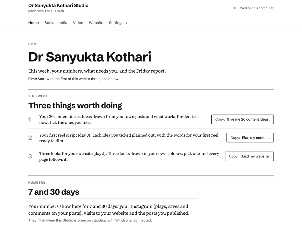 Dr Sanyukta Kothari's Studio from AI Flows for Dentists, open on its Home tab, with the tabs Home, Social media, Video, Website and Settings. Under This week, three jobs with a Copy button each: Give me 20 content ideas, Plan my content (day 3) and Build my website (day 5), then where her numbers will show once Windsor.ai is connected.