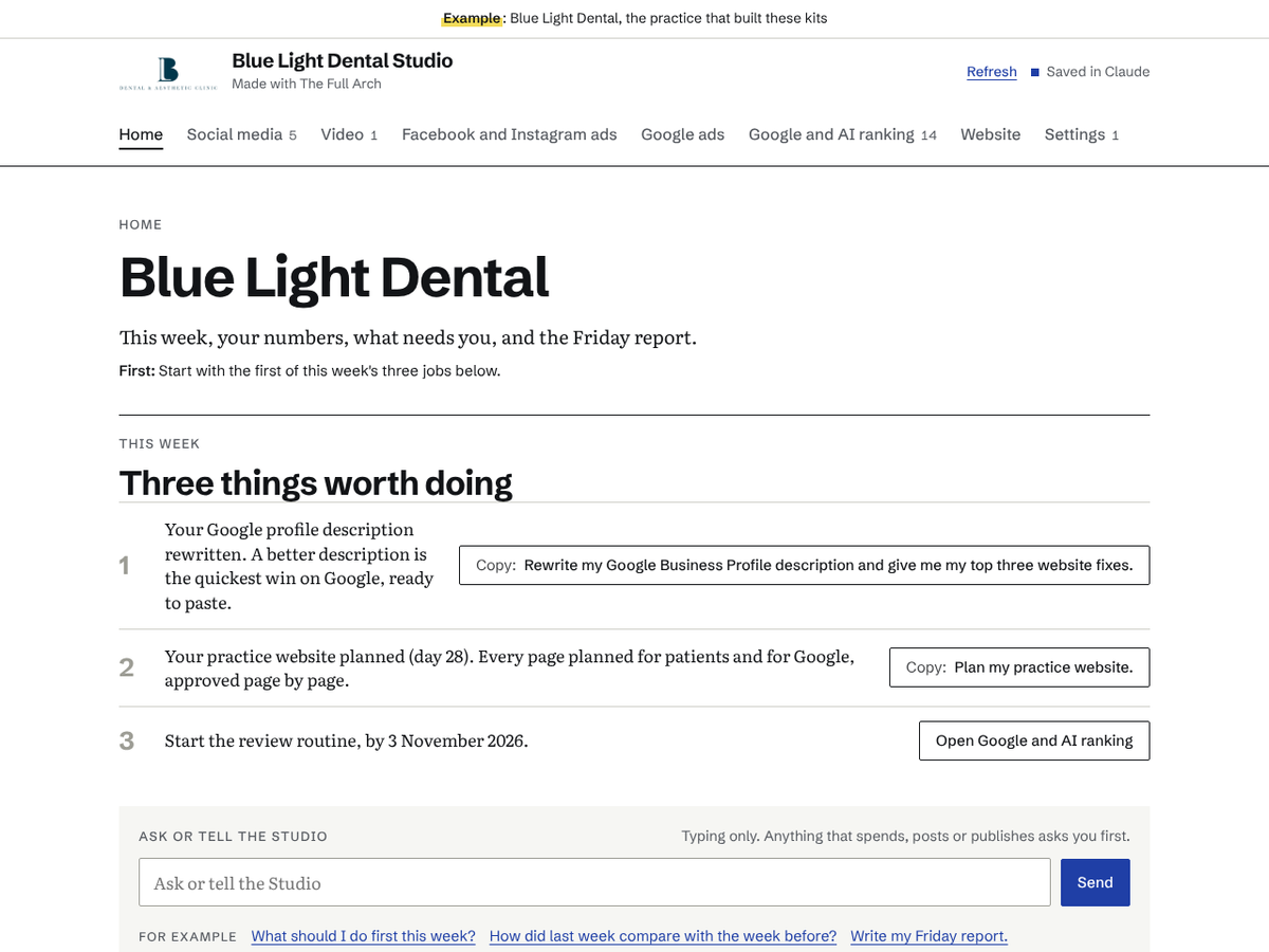 The Blue Light Dental Studio open on its Home tab, with the tabs Home, Social media, Video, Facebook and Instagram ads, Google ads, Google and AI ranking, Website and Settings across the top. Under This week, three things worth doing, each with a Copy button for the line to type, then the box headed Ask or tell the Studio, which says typing only and that anything that spends, posts or publishes asks first.